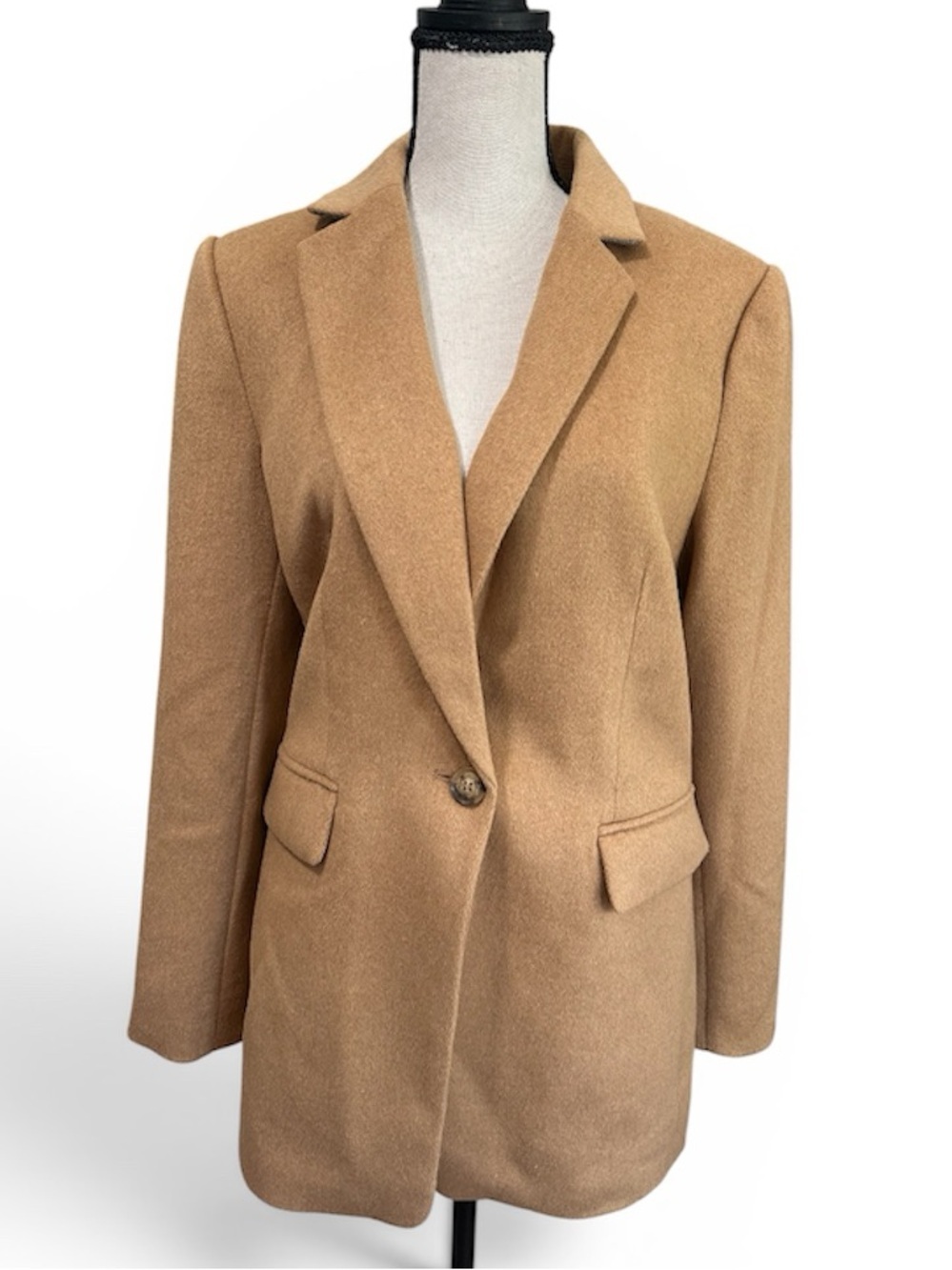 LOFT Camel Wool Blend Longline Blazer Jacket Size 8 Classic Single Button Blazer